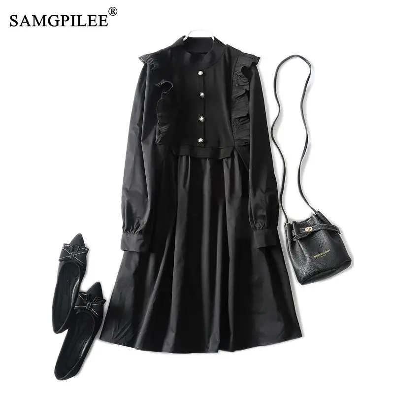 Женское трикотажное платье-трапеция, с длинным рукавом и оборками 
Женское трикотажное платье-трапеция, с длинным рукавом и оборками