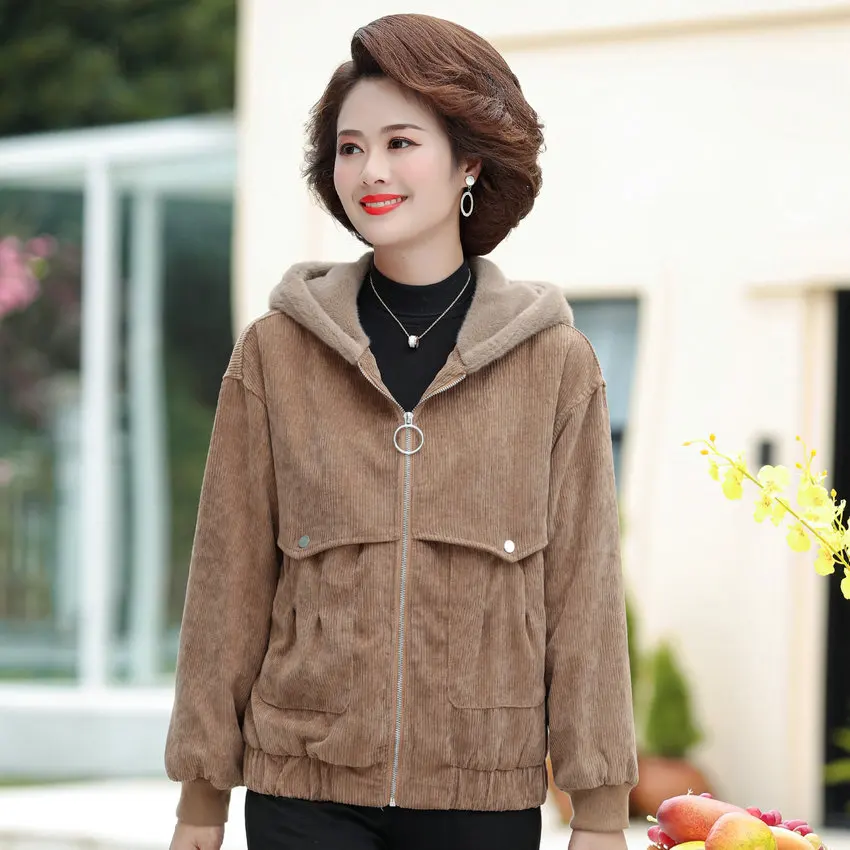 Winter Autumn Thic Fleece Lined Hooded Jacket Women Thermal Corduroy Coat Mature Lady Short Warm Outerwear Gray Coffee Clothes
Winter Autumn Thic Fleece Lined Hooded Jacket Women Thermal Corduroy Coat Mature Lady Short Warm Outerwear Gray Coffee Clothes