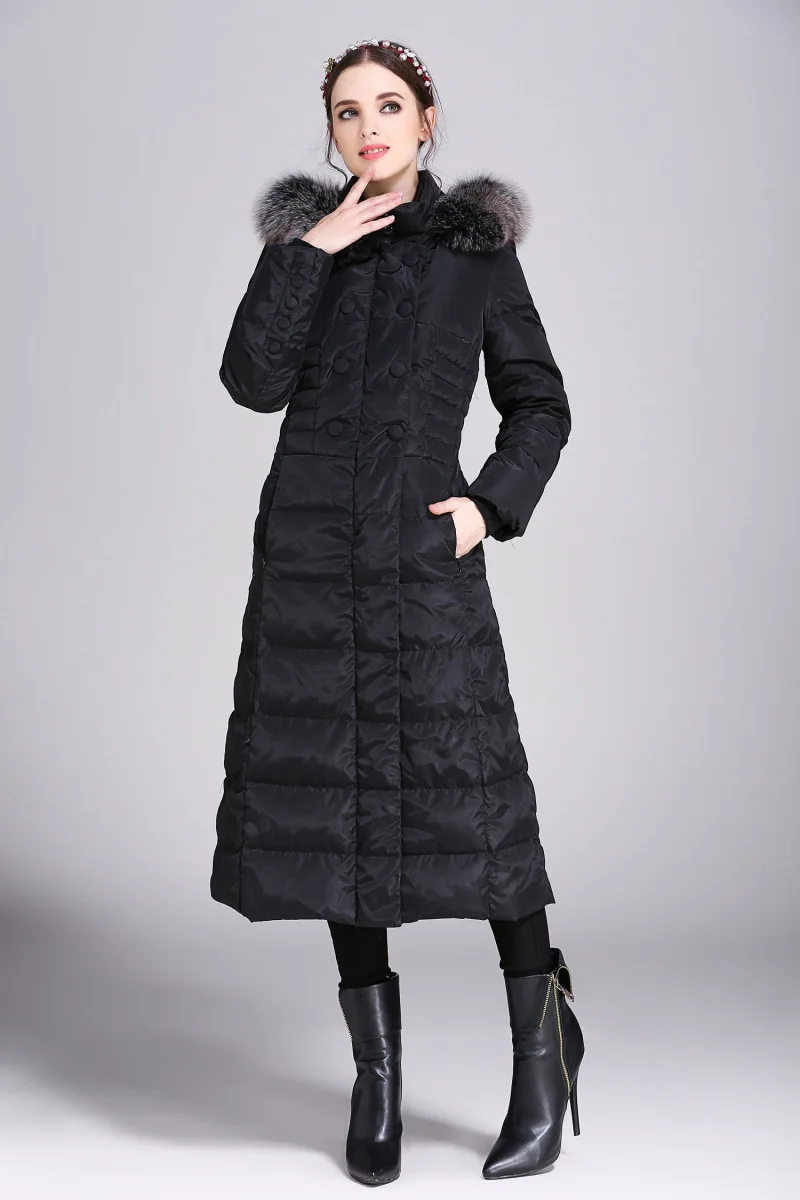Длинное зимнее женское пальто 90% утиный пух Женская куртка с капюшоном размера