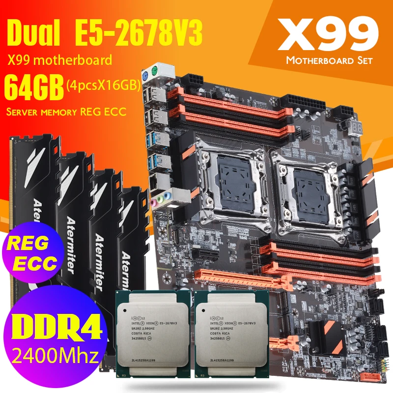 Материнская плата DDR4 Dual X99 с 2011 3 XEON E5 2678 V3 * 2 4*16 ГБ = 64 Гб 2400 МГц REG ECC Память RAM