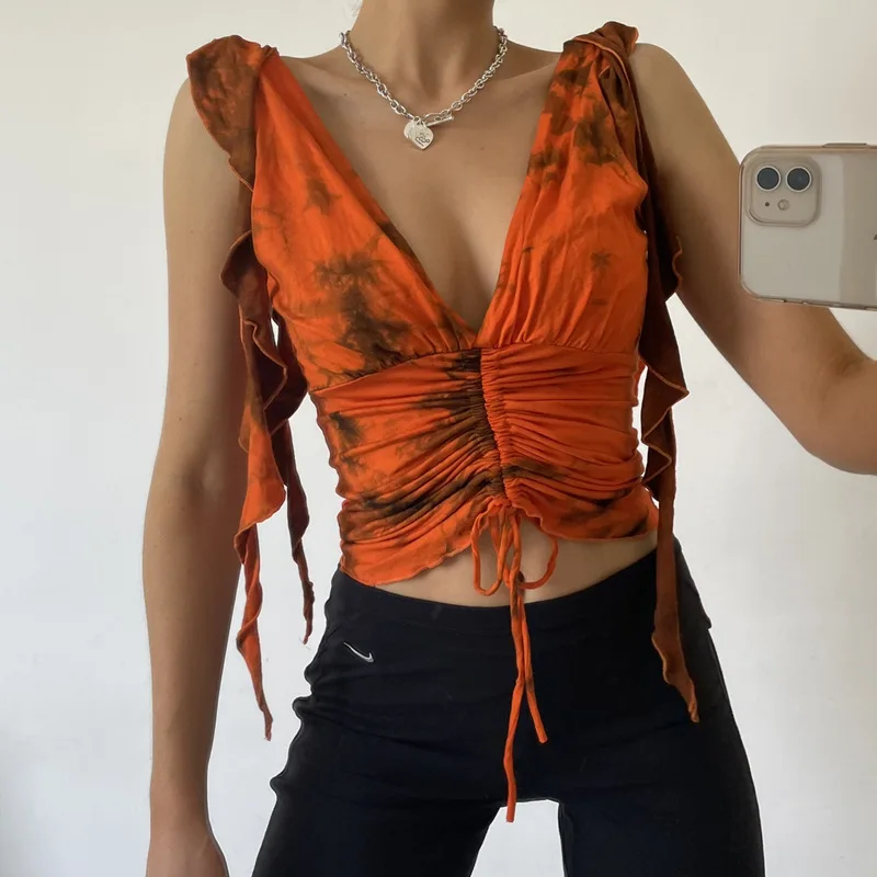 2022 Sexy Deep V Printing Ruffled Lace-up Ruffled Backless Tie-dye Sleeveless Short Vest Female Summer Crop Top Womens Clothes 
2022 Sexy Deep V Printing Ruffled Lace-up Ruffled Backless Tie-dye Sleeveless Short Vest Female Summer Crop Top Womens Clothes