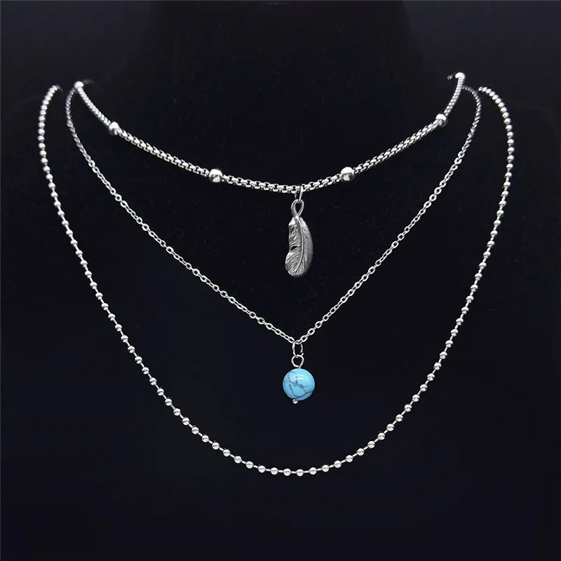 Boho Feather Stainless Steel Blue Natural Stone 3 Layer Bead Charm Necklaces Women/Men Jewelry collier multicouche NXS04
Boho Feather Stainless Steel Blue Natural Stone 3 Layer Bead Charm Necklaces Women/Men Jewelry collier multicouche NXS04