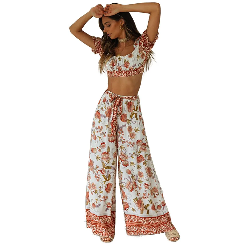 Vintage Chic Women Two Piece Outfits Short Sleeve Tops Bohemian Sashes Drawstring Pants Casual 2 Pieces Set Boho Sets Summer
Vintage Chic Women Two Piece Outfits Short Sleeve Tops Bohemian Sashes Drawstring Pants Casual 2 Pieces Set Boho Sets Summer