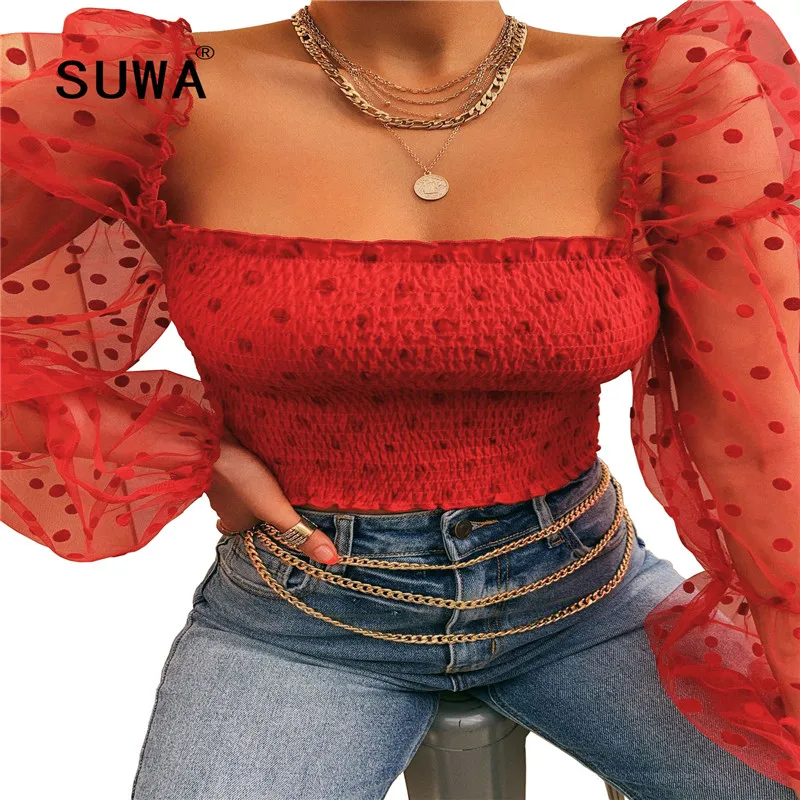 2020 New style sweet sexy polka dot spliced mesh long sleeve blouse women spring summer clothing high street sexy tight crop top
2020 New style sweet sexy polka dot spliced mesh long sleeve blouse women spring summer clothing high street sexy tight crop top