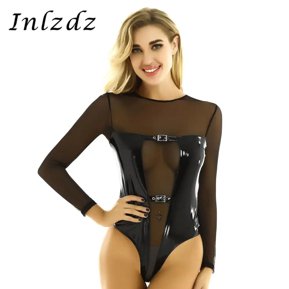 Женское нижнее белье кожаное сексуальное боди Wetlook круглый вырез прозрачное