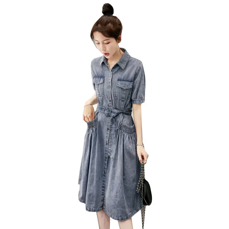 Ladies jeans Dresses Summer short sleeve Slim turn down collar Long Denim Dresses european Female dresses women dresses
Ladies jeans Dresses Summer short sleeve Slim turn down collar Long Denim Dresses european Female dresses women dresses
