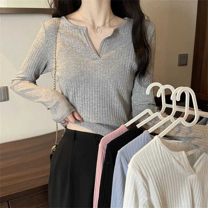 Fashion All-match Casual T-Shirts Korean Clothes New Spring/Autumn Short Section Women's Clothing V-Neck Trend Long Sleeve Tops
Fashion All-match Casual T-Shirts Korean Clothes New Spring/Autumn Short Section Women's Clothing V-Neck Trend Long Sleeve Tops