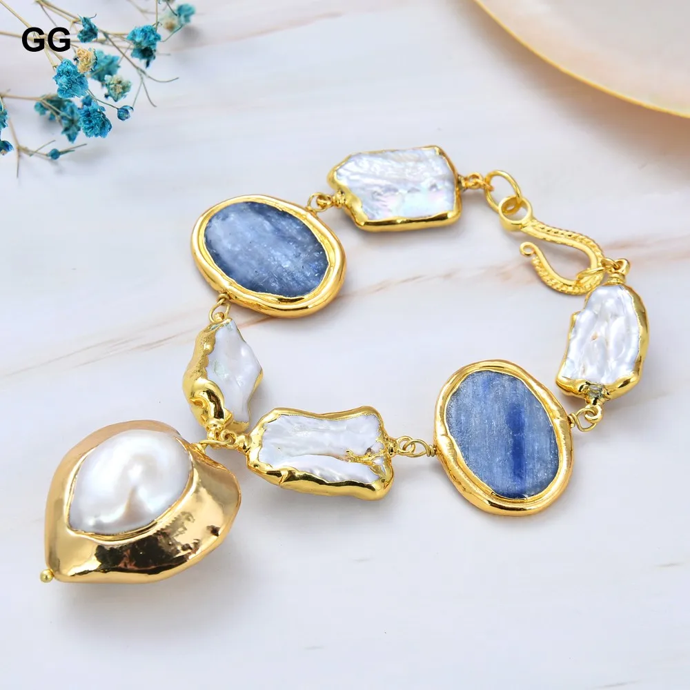 

GuaiGuai Jewelry Freshwater White Keshi Pearl Natural Blue kyanite Nugget Heart Pearl Gold Color Bracelet 8" Lady Jewelry