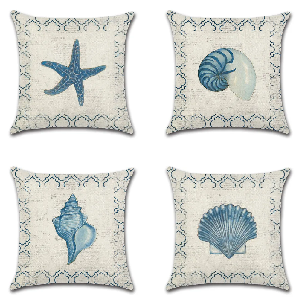 

Sea animal starfish conch shell Printing Pillow Case Home Decoration Linen Sofa Pillow Cover Car Cushion Cover 45cm*45cm