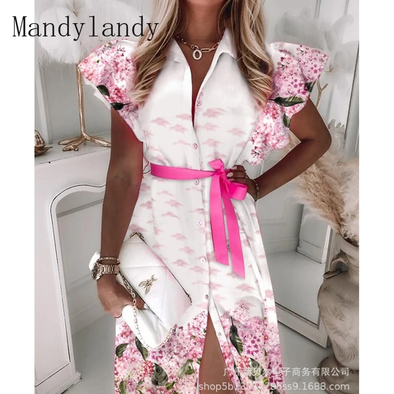 Mandylandy Shirt Dress Summer Ruffled Short Sleeves Turn-down Collar Slit Dress Women's Printed Lace-up Single-Breasted Dress 
Mandylandy Shirt Dress Summer Ruffled Short Sleeves Turn-down Collar Slit Dress Women's Printed Lace-up Single-Breasted Dress