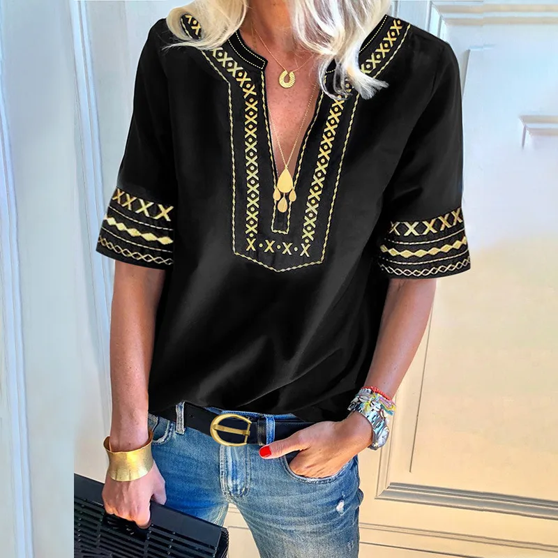Женская хлопковая блузка с коротким рукавом, V-образным вырезом и принтом
Женская хлопковая блузка с коротким рукавом, V-образным вырезом и принтом