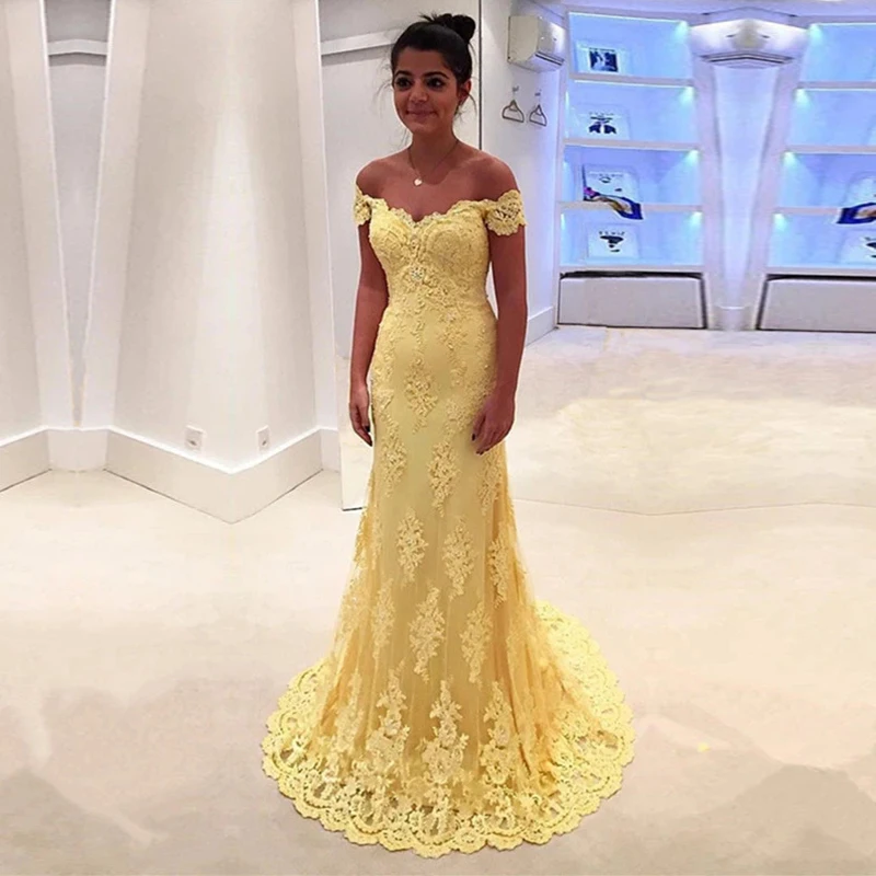 Elegant Off Shoulder Mermaid Prom Dresses Lace Appliques Floor Length Evening Gowns High Quality Vestido De Festa 2020 
Elegant Off Shoulder Mermaid Prom Dresses Lace Appliques Floor Length Evening Gowns High Quality Vestido De Festa 2020