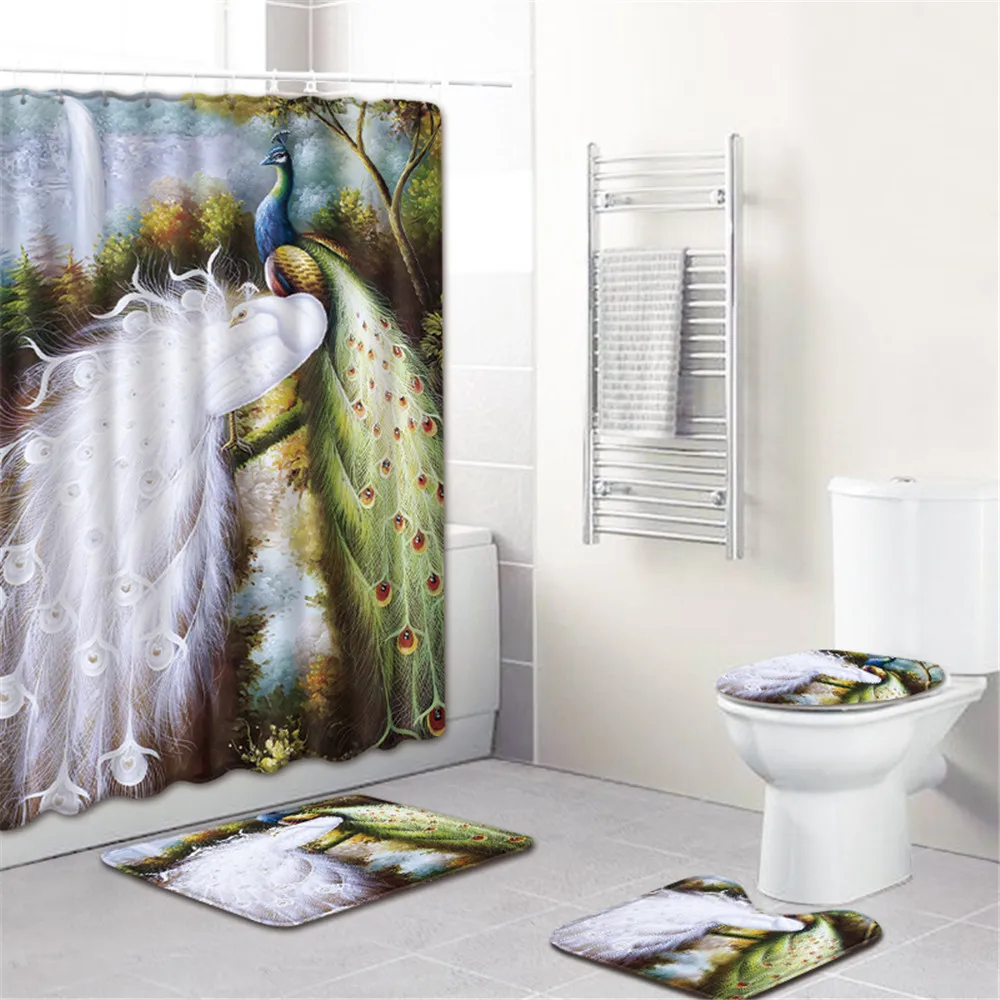 4pcs/set 3D Peahen Bathroom Set with Curtain and Rugs Bath Mat Toilet Pad Set Non-slip Shower Room Mats Shower Curtain Set
4pcs/set 3D Peahen Bathroom Set with Curtain and Rugs Bath Mat Toilet Pad Set Non-slip Shower Room Mats Shower Curtain Set