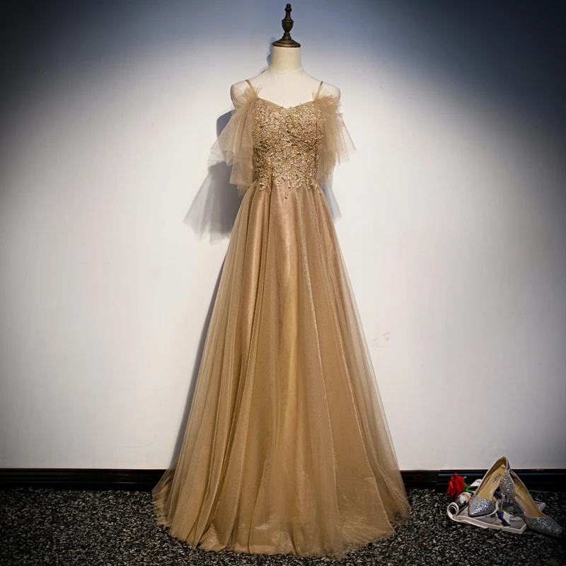 Evening Dress Khaki Off the Shoulder Beading Appliques Tulle A-line Floor-length Plus size Customized Formal Dress Woman R1362
Evening Dress Khaki Off the Shoulder Beading Appliques Tulle A-line Floor-length Plus size Customized Formal Dress Woman R1362