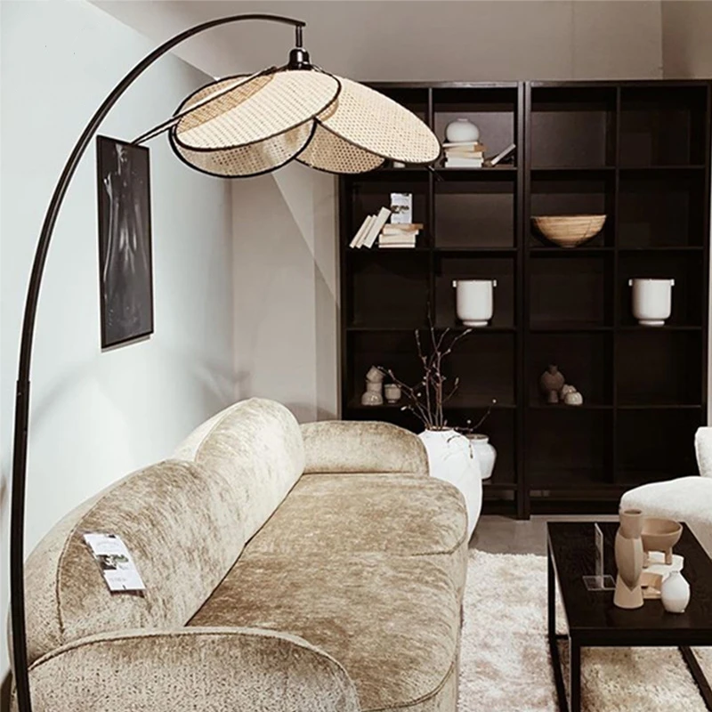 Chinese Minimalist Retro Rattan Weaving Floor Lamp Marble Base Designer Standing Lamps Living Room Bedroom Hotel Villa Study Bar | Освещение