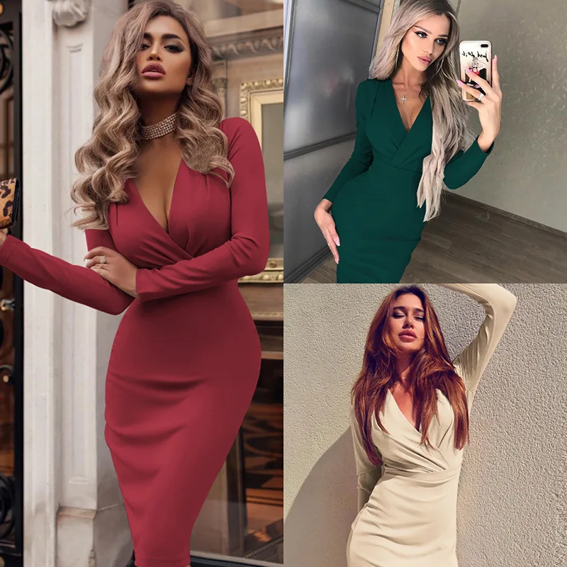 New Spring Women's Long Sleeve Dress With Deep V Pleated Buttocks Solid Long Skirt Sexy Office Lady Dress
New Spring Women's Long Sleeve Dress With Deep V Pleated Buttocks Solid Long Skirt Sexy Office Lady Dress
