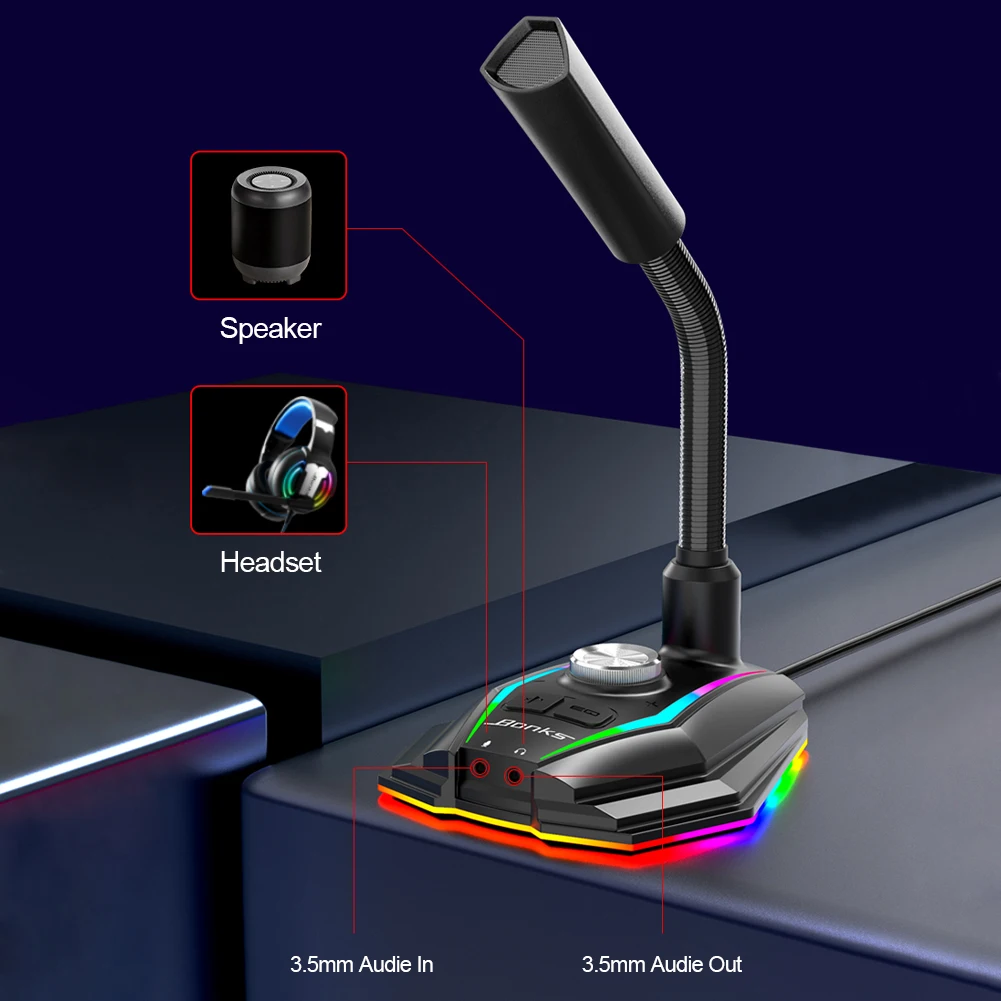 USB-звуковая карта RGB микрофон компьютерный игровой с разъемом для динамика