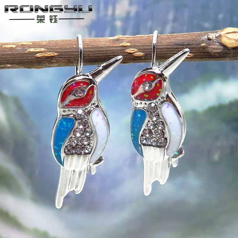 

Rongyu 2021 New Colorful Square Opal Aobao Cute Animal Dangle Earrings For Women Fashion Lovely Magpie Bird Drop Female Earrings