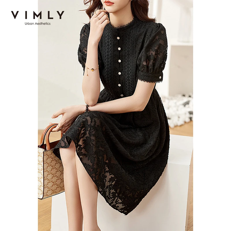 VIMLY Summer Elegant Lace Dresses Women Puff Sleeve Chiffon Dress Office Lady Buttons Elastic Wasit A Line Mini Dresses F7710
VIMLY Summer Elegant Lace Dresses Women Puff Sleeve Chiffon Dress Office Lady Buttons Elastic Wasit A Line Mini Dresses F7710