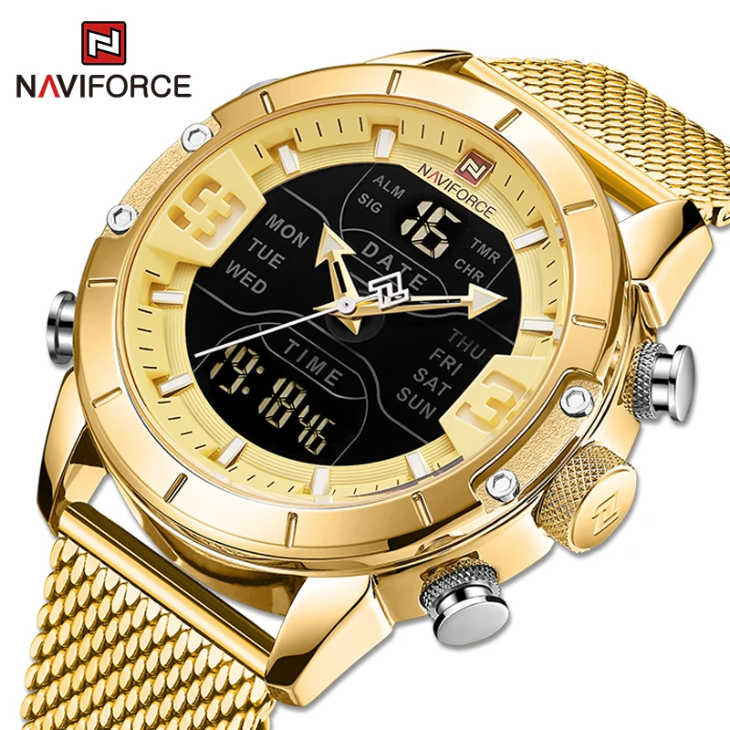 Luxury Brand NAVIFORCE Gold Watches for Men Dual Display Digital Alarm Clock Fashion Stainless Steel Sport Waterproof Wristwatch
Luxury Brand NAVIFORCE Gold Watches for Men Dual Display Digital Alarm Clock Fashion Stainless Steel Sport Waterproof Wristwatch