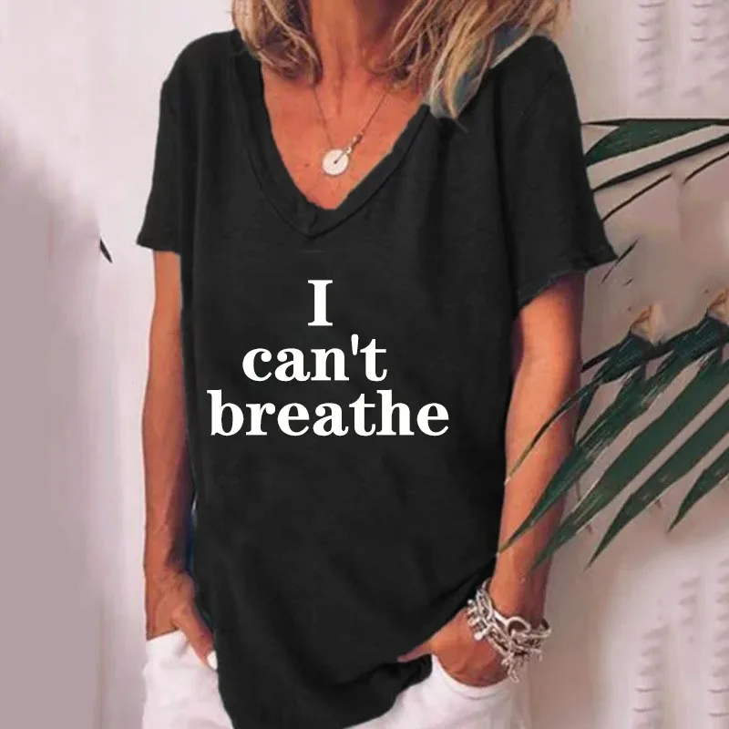 Женская футболка с надписью I Can't Breathe свободная коротким рукавом и v образным