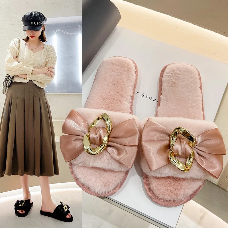 Women's Butterfly-Knot Slides Low Plush Massage Flat Slippers Indoor Ladies Fluffy Warm Comfy Shoes Luxury Metal Flip Flops
Women's Butterfly-Knot Slides Low Plush Massage Flat Slippers Indoor Ladies Fluffy Warm Comfy Shoes Luxury Metal Flip Flops