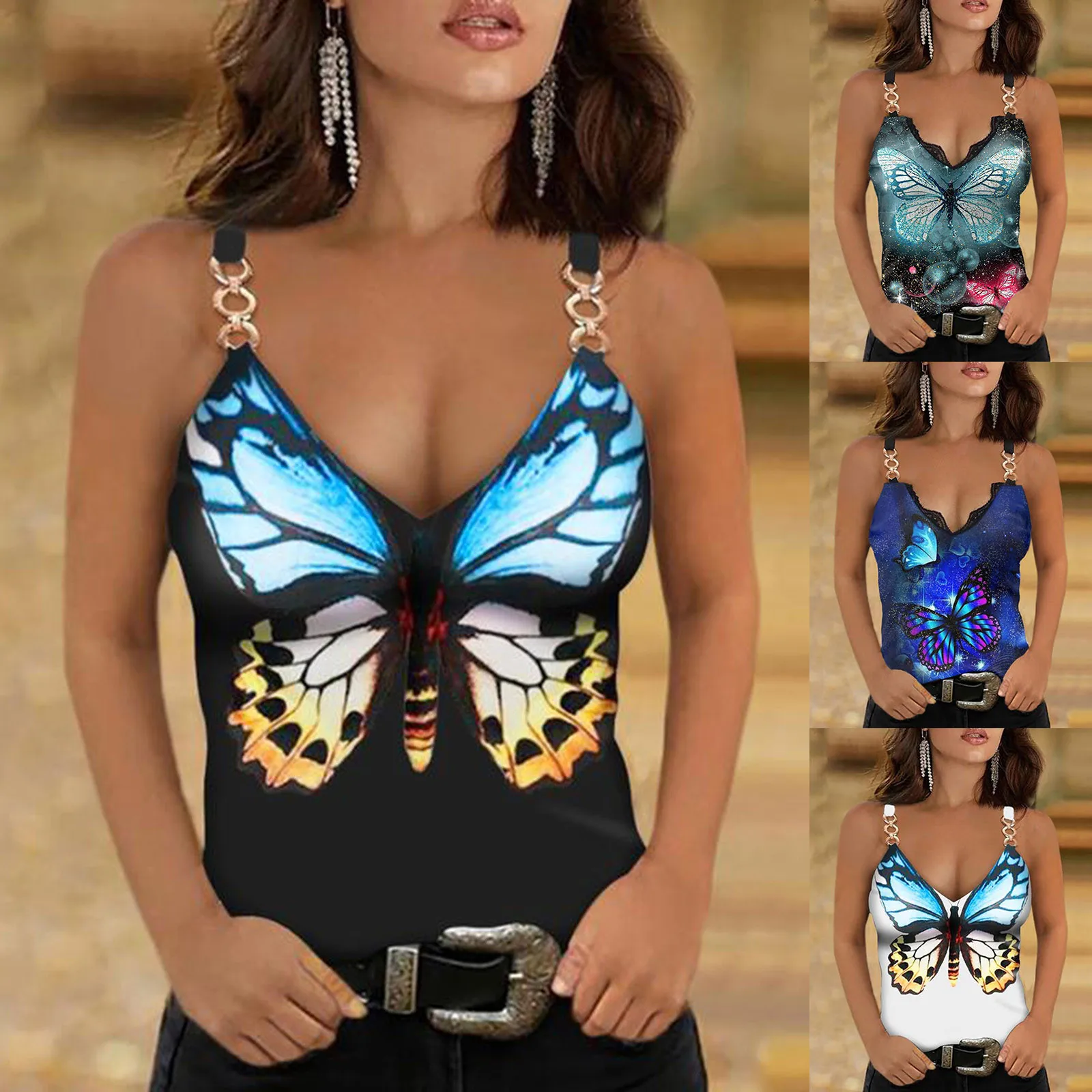 Womens Fashion Sexy Realism Personalized butterfly Printed Deep V-neck Camisole Chain Top Sleeveless All-match Sexy Girls Vest 
Womens Fashion Sexy Realism Personalized butterfly Printed Deep V-neck Camisole Chain Top Sleeveless All-match Sexy Girls Vest