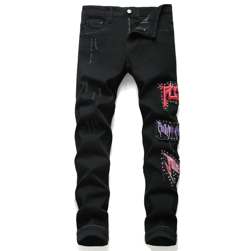 Willow stud jeans new men's slim stretch stretch washed frayed letters embroidered black foot pants mens clothing
Willow stud jeans new men's slim stretch stretch washed frayed letters embroidered black foot pants mens clothing