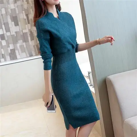 Pure Casual Bottoming Sweater Dress V-Neck Collar Dress Autumn Women Bodycon Sheath Dress Sexy Knitted Cotton Long Sleeve
Pure Casual Bottoming Sweater Dress V-Neck Collar Dress Autumn Women Bodycon Sheath Dress Sexy Knitted Cotton Long Sleeve