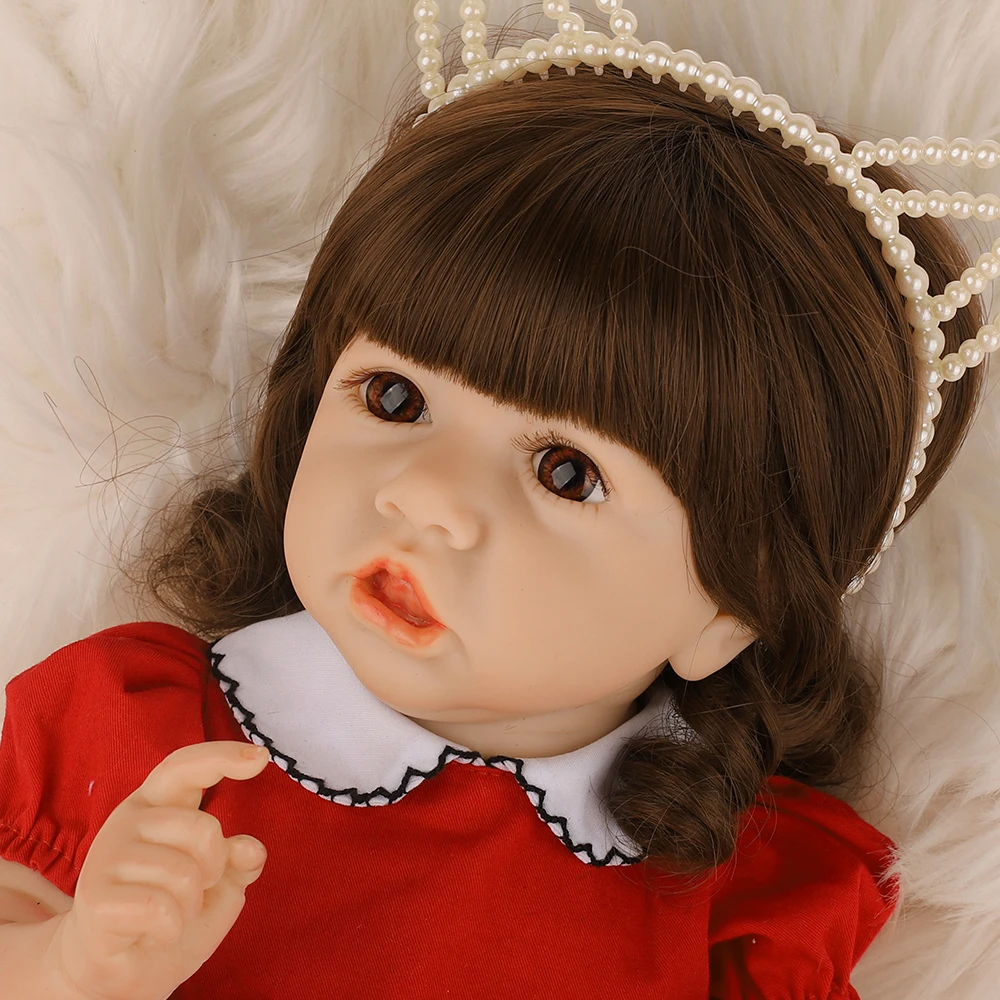 

22"Baby Doll Toy Reborn Realistic Lifelike Babies Dolls With Crooked Mouth Red Dress Adorable Handmade Bonecas Toy Birthday Gift