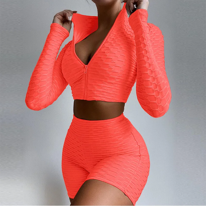 New 2 Pieces Navel Suit Set Female Solid Color Stand Collar Long Sleeve Crop Tops with Zipper+ Short Pants, Gray/Coffee/Blue
New 2 Pieces Navel Suit Set Female Solid Color Stand Collar Long Sleeve Crop Tops with Zipper+ Short Pants, Gray/Coffee/Blue