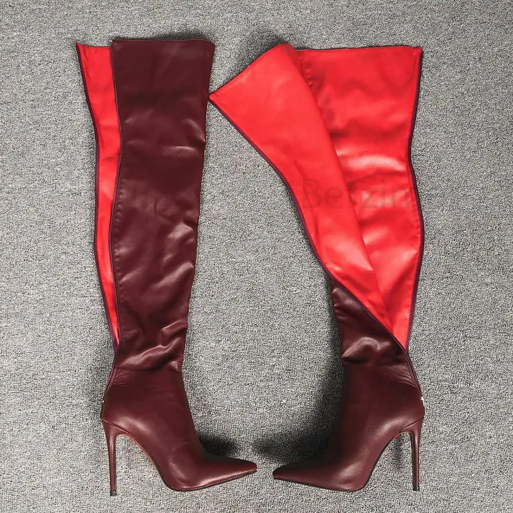 

BERZIMER Red Lining Women Thigh High Boots Faux Leather Heels Zapatos Mujer Botas Over Knee Shoes Woman Large Size 39 44 47