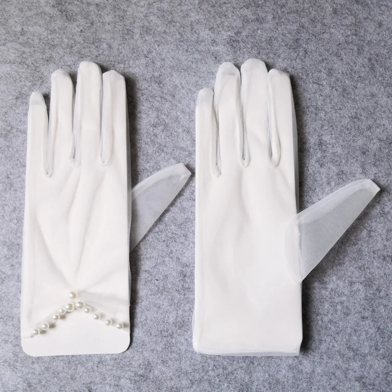 White Tulle Bidal Wedding Gloves For Bride Prom Party Dress With Women Pearl Beaded Sheer Guantes Transparentes | Свадьбы и