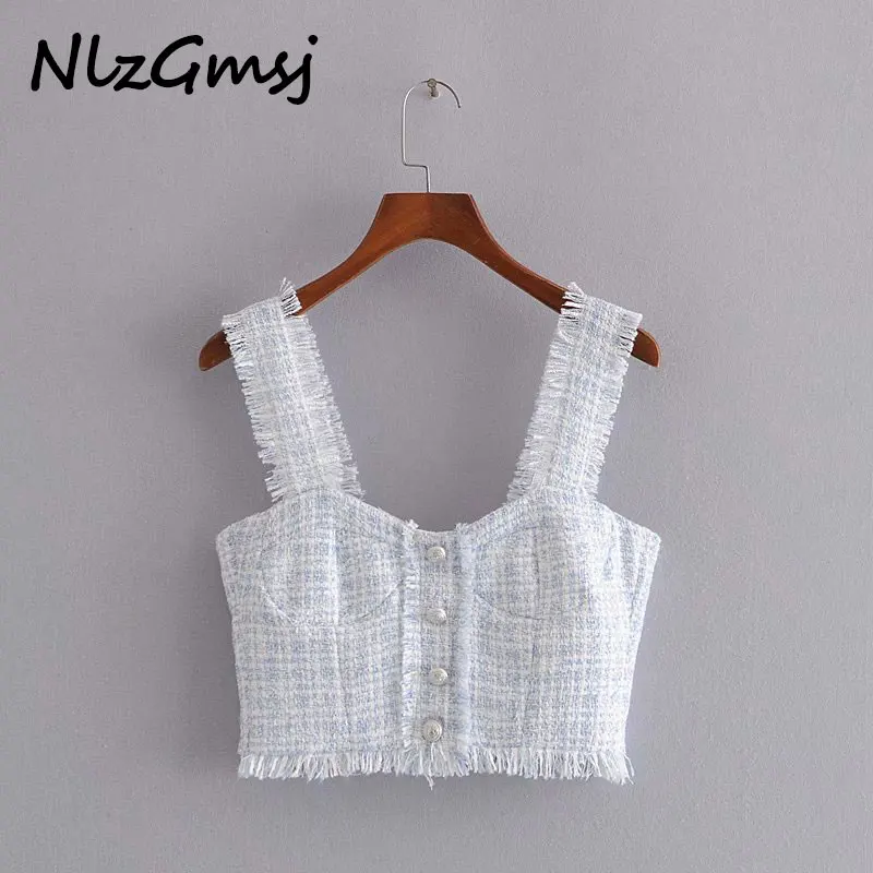 

Nlzgmsj Za Women 2020 Fashion With Buttons Frayed Tassel Tweed Cropped Blouses Vintage Backless Zipper Female Shirts Chic Tops