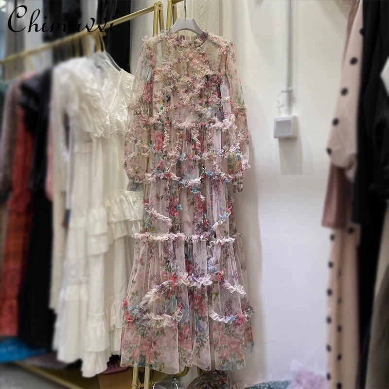 2021 Spring New Bohemian Fashion Women Long Sleeve Long Dress Lady Mesh Stand Collar Ruffled Floral Dress
2021 Spring New Bohemian Fashion Women Long Sleeve Long Dress Lady Mesh Stand Collar Ruffled Floral Dress