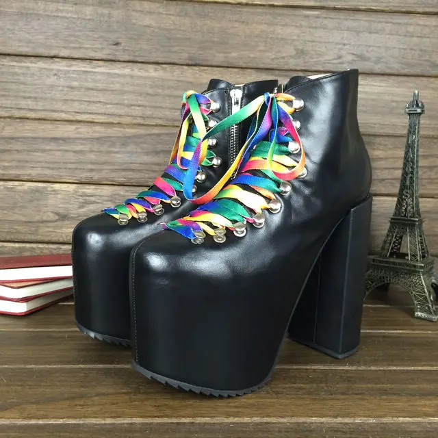 Rainbow Color Bandage Lace Up Ankle Boots Rose Black Cow Leather Platform Super Chunky Heels Woman Stage Fashion Martin Booties
Rainbow Color Bandage Lace Up Ankle Boots Rose Black Cow Leather Platform Super Chunky Heels Woman Stage Fashion Martin Booties