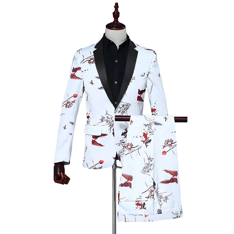 Fashion men 2 piece suit set (coat + pant) Pisces printing black satin collar lapel dance cocktail party casual men's white suit
Fashion men 2 piece suit set (coat + pant) Pisces printing black satin collar lapel dance cocktail party casual men's white suit