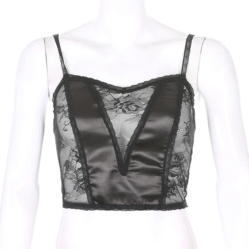 Gothic Sexy Mesh Black Camis Punk Patchwork Strap V-neck Transparant Women Crop Tops Hollow Out Front Summer Clubwear
Gothic Sexy Mesh Black Camis Punk Patchwork Strap V-neck Transparant Women Crop Tops Hollow Out Front Summer Clubwear