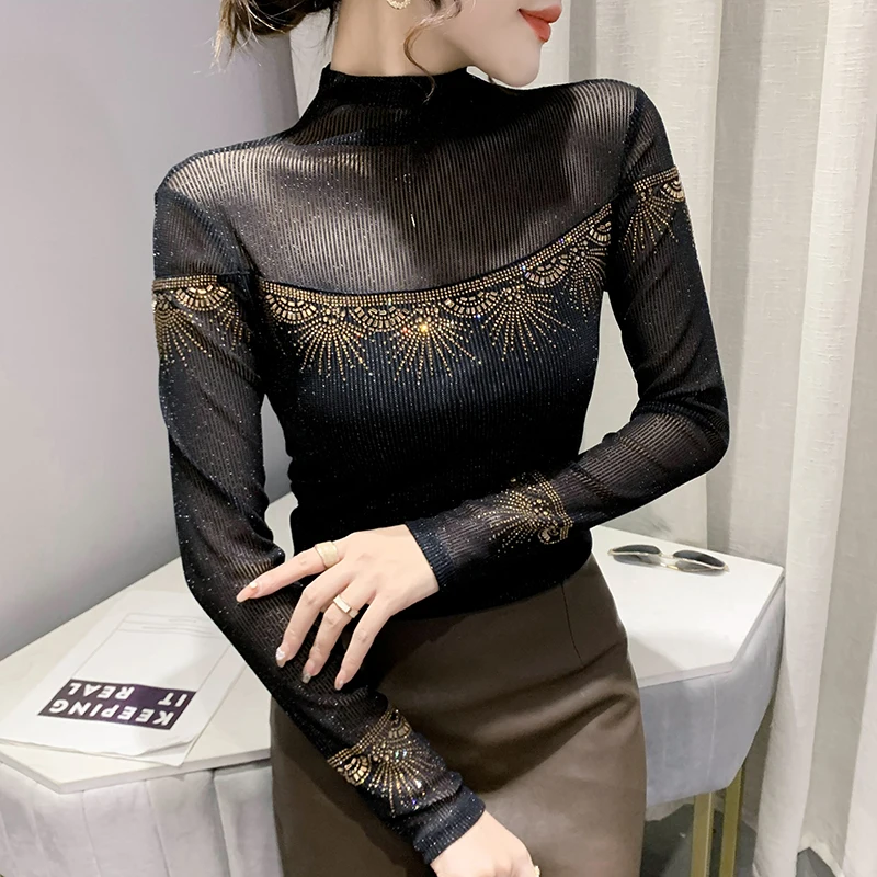 Fall Winter European Clothes T-Shirt Fashion Sexy Mock Neck Mesh Tops Shiny Dimaonds OL Women Long Sleeve Tees
Fall Winter European Clothes T-Shirt Fashion Sexy Mock Neck Mesh Tops Shiny Dimaonds OL Women Long Sleeve Tees