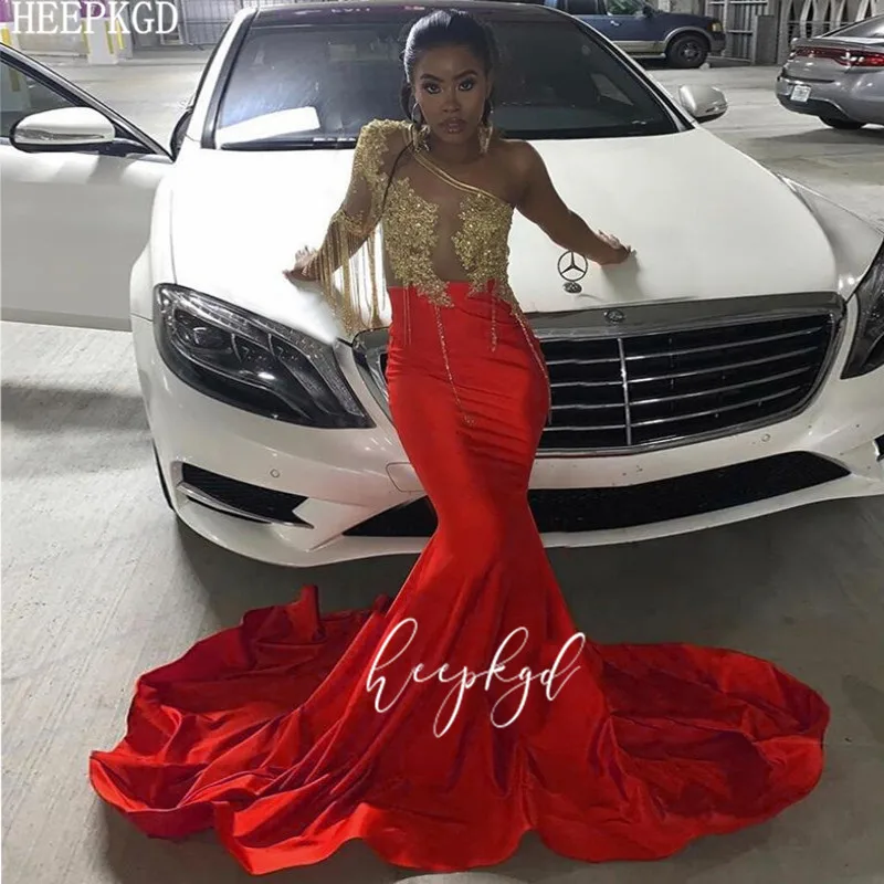 Sexy Black Girls Mermaid Red Prom Dresses One Shoulder See Through Appliques Satin Plus Size Graduation Wedding Party Dress
Sexy Black Girls Mermaid Red Prom Dresses One Shoulder See Through Appliques Satin Plus Size Graduation Wedding Party Dress