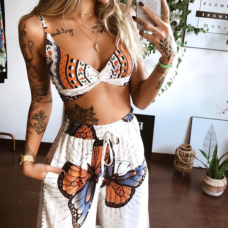 New Fashion Women Sexy Crop Top Camisole Flares Trousers 2 Piece Set 2021 Vintage Butterfly Print Casual Comfortable Summer Suit
New Fashion Women Sexy Crop Top Camisole Flares Trousers 2 Piece Set 2021 Vintage Butterfly Print Casual Comfortable Summer Suit