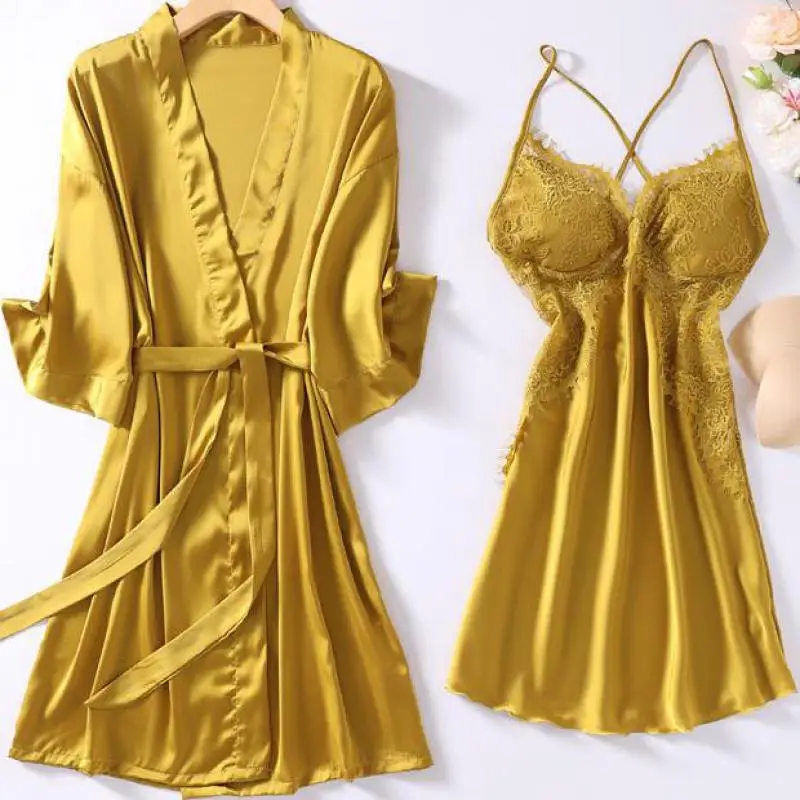 

Women Kimono Summer Dressing Gown Bridal Wedding Robe Set Bathrobe&Chemise Nightgown Suit Lace Bridesmaid Morning Sleepwear