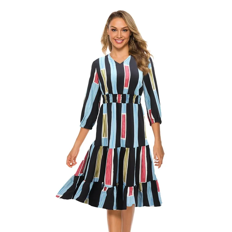 2021 New Striped Lady Dress Three Quarter Sleeve V Neck Casual Party Work Dresses Elegant Midi Dresses Robe Sundress
2021 New Striped Lady Dress Three Quarter Sleeve V Neck Casual Party Work Dresses Elegant Midi Dresses Robe Sundress