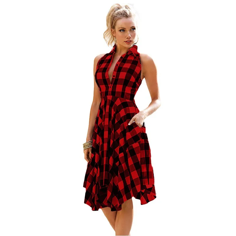 Fashion Women Summer Sleeveless Plaid Print Dress Casual Lapel Button Knee-Length Dresses
Fashion Women Summer Sleeveless Plaid Print Dress Casual Lapel Button Knee-Length Dresses