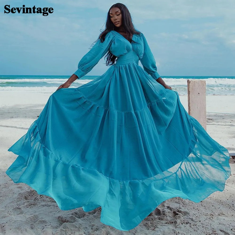 Sevintage Blue Chiffon Long Sleeves Prom Dresses Tiered Skirt Formal Evening Dress Beach Women Special Occasion Party Gowns 2022
Sevintage Blue Chiffon Long Sleeves Prom Dresses Tiered Skirt Formal Evening Dress Beach Women Special Occasion Party Gowns 2022