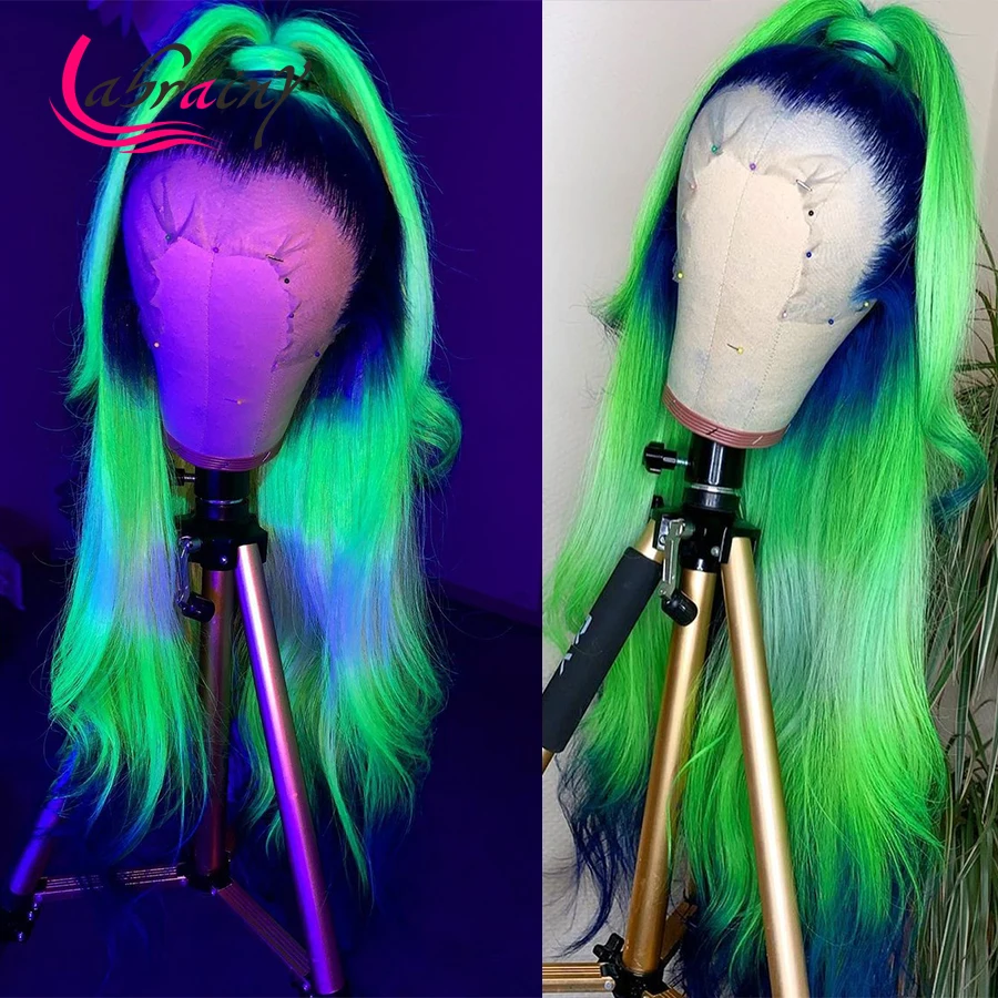 

Ombre HD Transparent 13x6 Body Wave Lace Frontal Human Hair Wigs Highlight Green Blue Remy Wig Pre Plucked Bleached Knots
