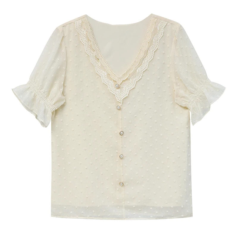 Summer Women's Vintage Office Plain Chiffon Lace Patchwork Blouse Lady V Neck Short Ruffle Sleeve All-match Elegant Tops T15922X
Summer Women's Vintage Office Plain Chiffon Lace Patchwork Blouse Lady V Neck Short Ruffle Sleeve All-match Elegant Tops T15922X