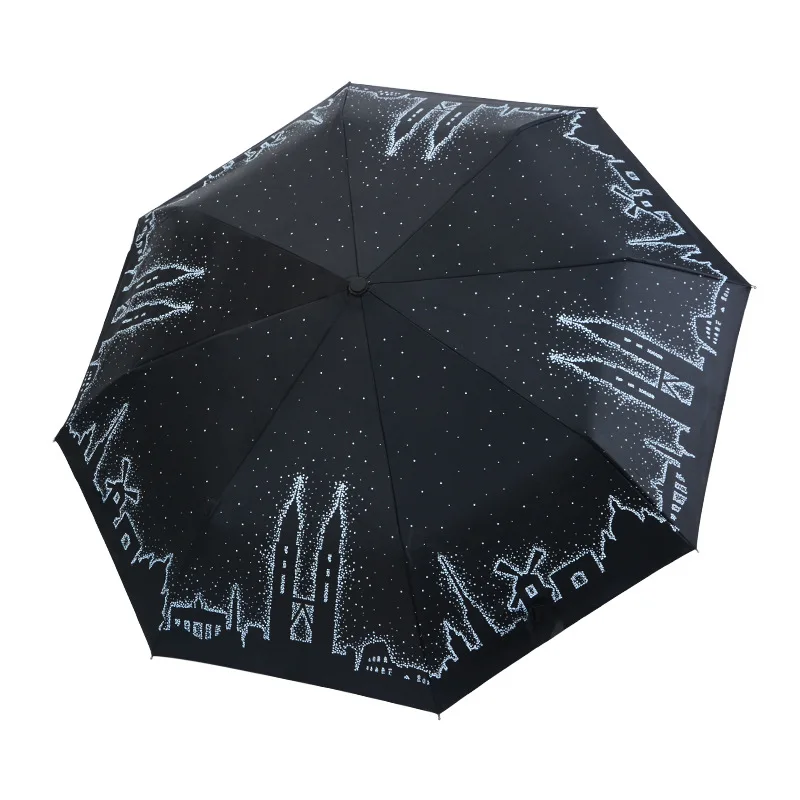 

Зонты черные с городским принтом, ручной складной зонт три раза, солнечный и дождливый, диаметр 97 см, для взрослых, портативный, водонепрониц...