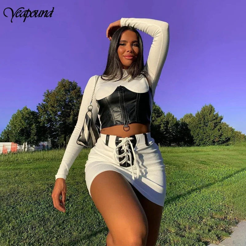 2 Pcs Women Patchwork Outfits Set Sexy Long Sleeve Zipper Pu Leather Corset Crop Top + Lace UP Skirt Fashion Clothes Sets
2 Pcs Women Patchwork Outfits Set Sexy Long Sleeve Zipper Pu Leather Corset Crop Top + Lace UP Skirt Fashion Clothes Sets
