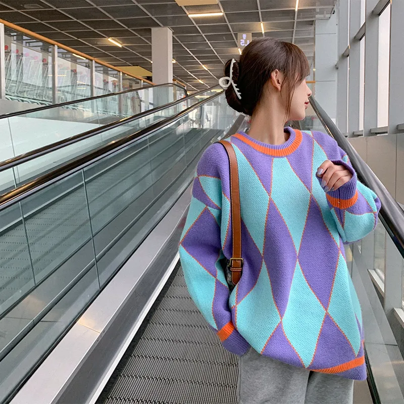Oversized Argyle Sweater Pullovers Women Winter Loose Sweater Korean College Style Women Jumper Vintage Thickened Sweater Women
Oversized Argyle Sweater Pullovers Women Winter Loose Sweater Korean College Style Women Jumper Vintage Thickened Sweater Women